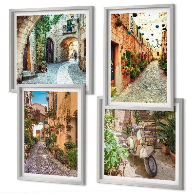 4 paveikslų rinkinys su rėmais Žavingos Italijos gatvės ir gėlės