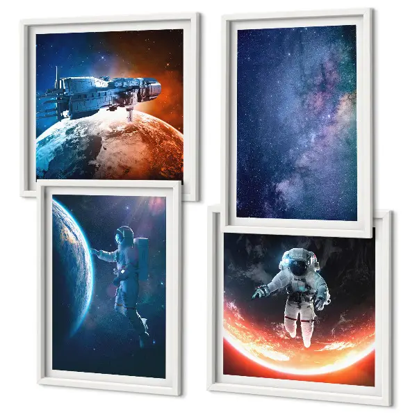Kosmoso astronautų ir žvaigždžių paveikslų rinkinys 4 dalių komplektas su rėmais