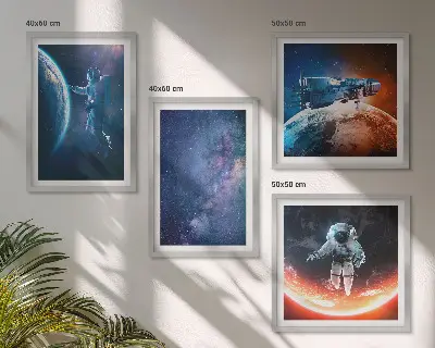 Kosmoso astronautų ir žvaigždžių paveikslų rinkinys 4 dalių komplektas su rėmais