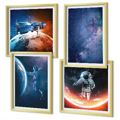 Kosmoso astronautų ir žvaigždžių paveikslų rinkinys 4 dalių komplektas su rėmais