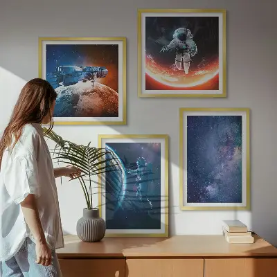 Kosmoso astronautų ir žvaigždžių paveikslų rinkinys 4 dalių komplektas su rėmais