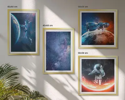 Kosmoso astronautų ir žvaigždžių paveikslų rinkinys 4 dalių komplektas su rėmais