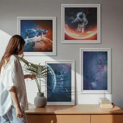 Kosmoso astronautų ir žvaigždžių paveikslų rinkinys 4 dalių komplektas su rėmais