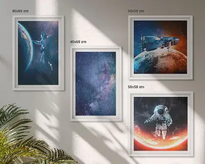 Kosmoso astronautų ir žvaigždžių paveikslų rinkinys 4 dalių komplektas su rėmais