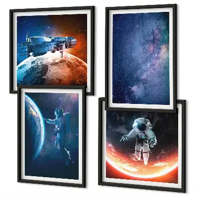 Kosmoso astronautų ir žvaigždžių paveikslų rinkinys 4 dalių komplektas su rėmais
