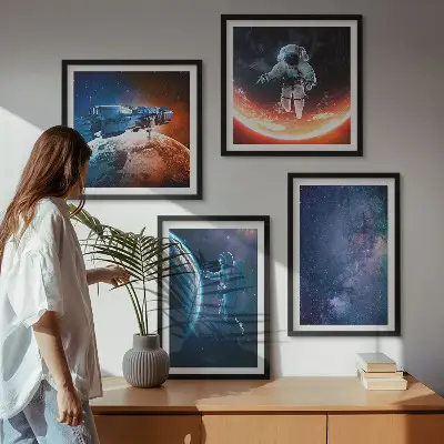 Kosmoso astronautų ir žvaigždžių paveikslų rinkinys 4 dalių komplektas su rėmais
