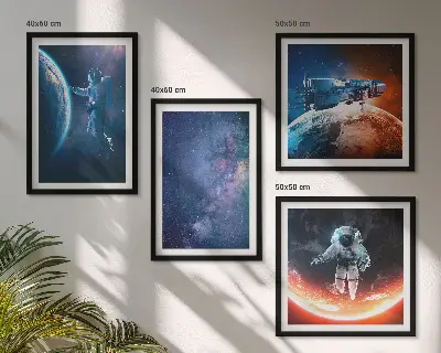 Kosmoso astronautų ir žvaigždžių paveikslų rinkinys 4 dalių komplektas su rėmais