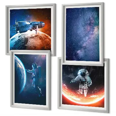 Kosmoso astronautų ir žvaigždžių paveikslų rinkinys 4 dalių komplektas su rėmais