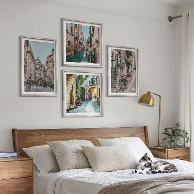 4 paveikslų rinkinys su rėmais Venecijos gatvių vandens architektūra