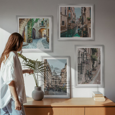 4 paveikslų rinkinys su rėmais Venecijos gatvių vandens architektūra