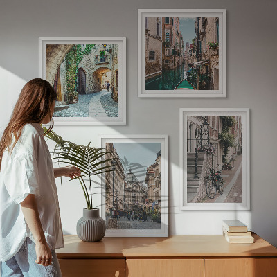 4 paveikslų rinkinys su rėmais Venecijos gatvių vandens architektūra