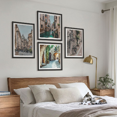 4 paveikslų rinkinys su rėmais Venecijos gatvių vandens architektūra