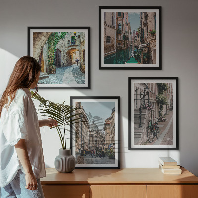 4 paveikslų rinkinys su rėmais Venecijos gatvių vandens architektūra
