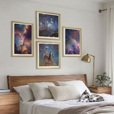 4 paveikslų rinkinys su rėmais Kosminiai žvaigždžių peizažai
