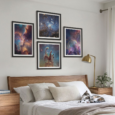 4 paveikslų rinkinys su rėmais Kosminiai žvaigždžių peizažai