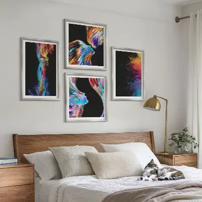 4 paveikslų rinkinys su rėmais spalvingos abstrakcijos su veidais ir formomis