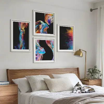 4 paveikslų rinkinys su rėmais spalvingos abstrakcijos su veidais ir formomis