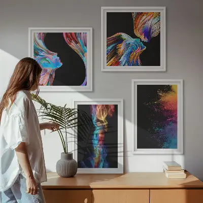 4 paveikslų rinkinys su rėmais spalvingos abstrakcijos su veidais ir formomis