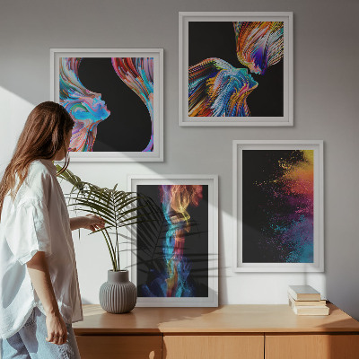 4 paveikslų rinkinys su rėmais Spalvingos abstrakcijos, veidai, formos