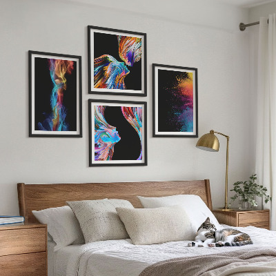 4 paveikslų rinkinys su rėmais Spalvingos abstrakcijos, veidai, formos