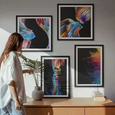 4 paveikslų rinkinys su rėmais spalvingos abstrakcijos su veidais ir formomis