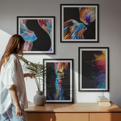 4 paveikslų rinkinys su rėmais Spalvingos abstrakcijos, veidai, formos