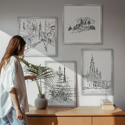 4 paveikslų rinkinys su rėmais Paprasti miesto vaizdų piešiniai