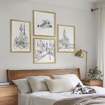 4 paveikslų rinkinys su rėmais Paprasti miesto vaizdų piešiniai