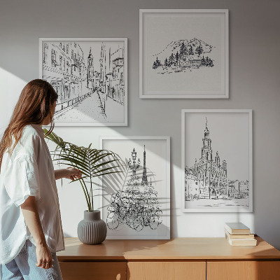 4 paveikslų rinkinys su rėmais Paprasti miesto vaizdų piešiniai