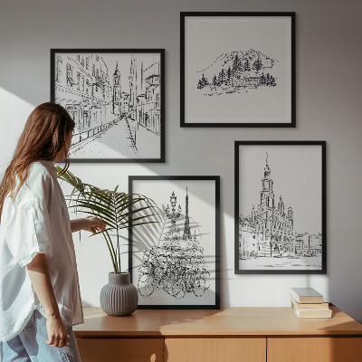4 paveikslų rinkinys su rėmais Paprasti miesto vaizdų piešiniai
