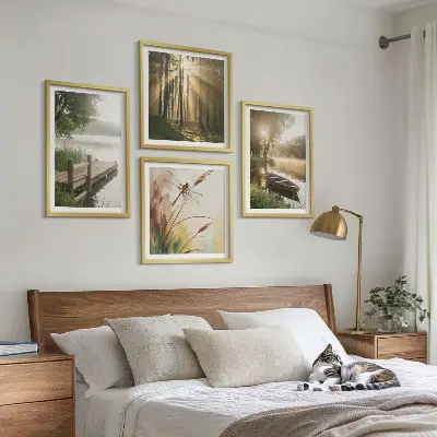 4 paveikslų rinkinys su rėmais ežeras, miškas, valtis ir rytinis rūkas