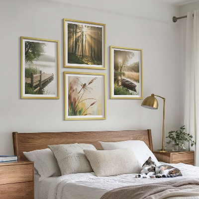 4 paveikslų rinkinys su rėmais Ežeras, miškas, valtis, rytinis rūkas