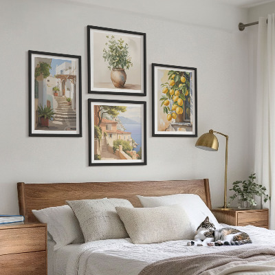 4 paveikslų rinkinys su rėmais Citrininiai vazoniniai augalai gatvėje