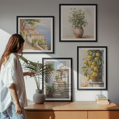 4 paveikslų rinkinys su rėmais Citrininiai vazoniniai augalai gatvėje