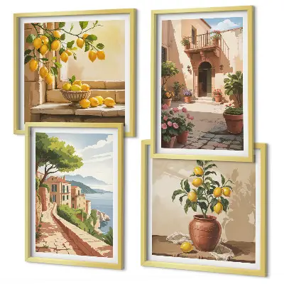 Citrusiniai vaisiai virtuvėje 4 paveikslų rinkinys su rėmais