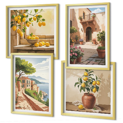 4 paveikslų rinkinys su rėmais Citrusiniai vaisiai virtuvėje