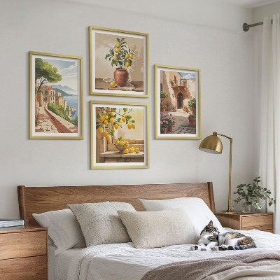 4 paveikslų rinkinys su rėmais Citrusiniai vaisiai virtuvėje