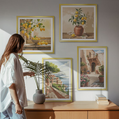 4 paveikslų rinkinys su rėmais Citrusiniai vaisiai virtuvėje