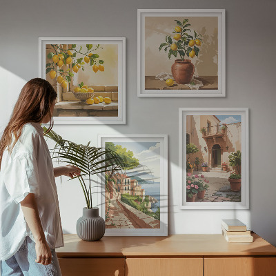 4 paveikslų rinkinys su rėmais Citrusiniai vaisiai virtuvėje