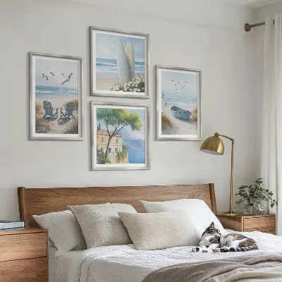 Daugiadalis paveikslas su rėmu paplūdimys, banglenčių sportas, valtys ir paukščiai
