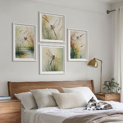 4 paveikslų rinkinys su rėmais Laumžirgių žolės akvarelė