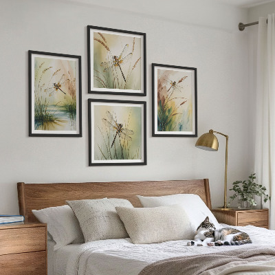 4 paveikslų rinkinys su rėmais Laumžirgių žolės akvarelė