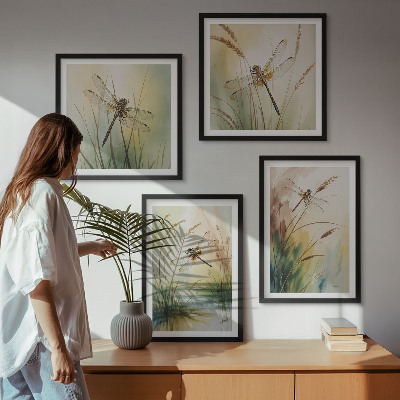 4 paveikslų rinkinys su rėmais Laumžirgių žolės akvarelė