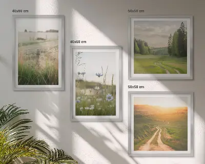 Paveikslų kompozicija ant sienos peizažas su gamtos, laukų ir saulės motyvais
