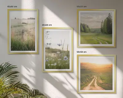Paveikslų kompozicija ant sienos peizažas su gamtos, laukų ir saulės motyvais