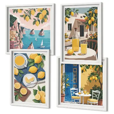 4 paveikslų rinkinys su rėmais terasos saulės limonadas tema