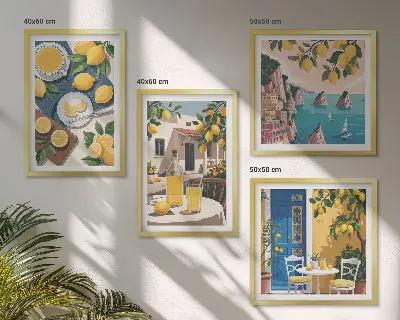 4 paveikslų rinkinys su rėmais terasos saulės limonadas tema