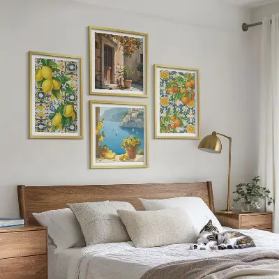 4 paveikslų rinkinys su rėmais citrinos, gėlės, apelsinai ir Italijos motyvai