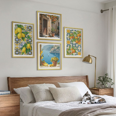 4 paveikslų rinkinys su rėmais Citrinos, gėlės, apelsinai, Italija