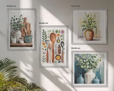 Augalinių motyvų paveikslų rinkinys 4 dalių komplektas su rėmais